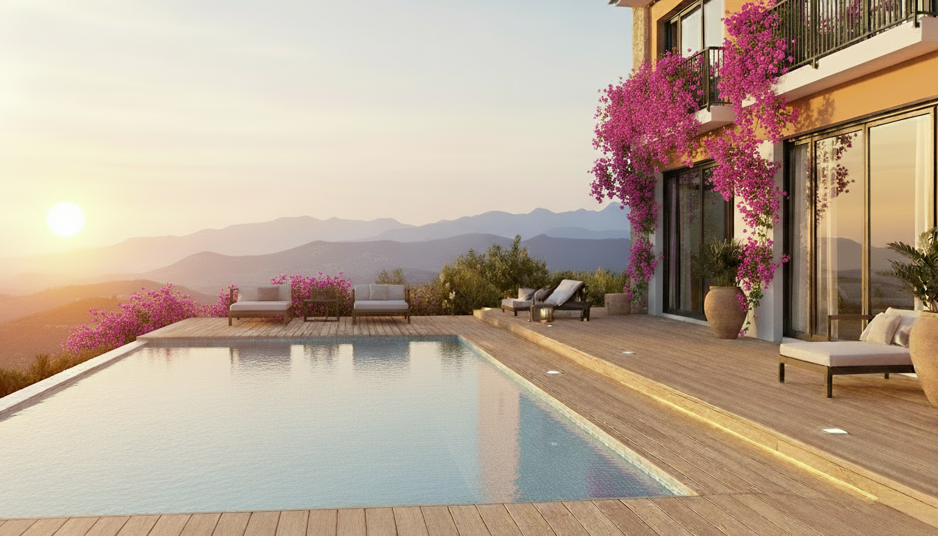 Luxury villa infinity pool with panoramic Mediterranean views in Kaş, Turkey